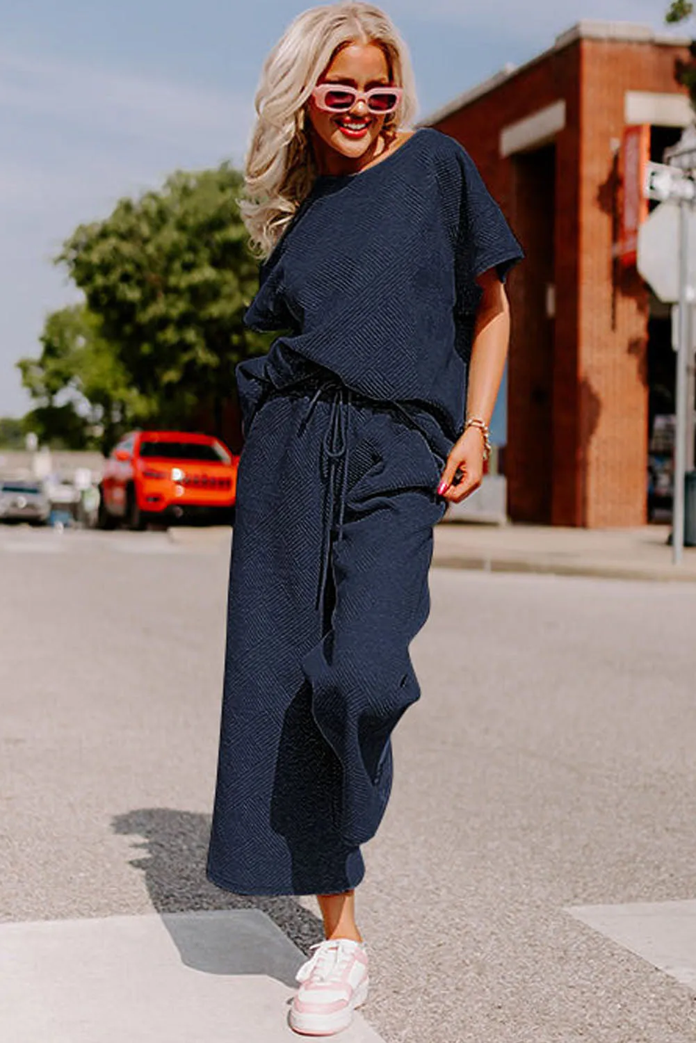 Navy Blue Gray Textured Loose Fit T Shirt and Drawstring Pants Set