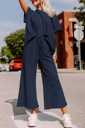 Navy Blue Gray Textured Loose Fit T Shirt and Drawstring Pants Set