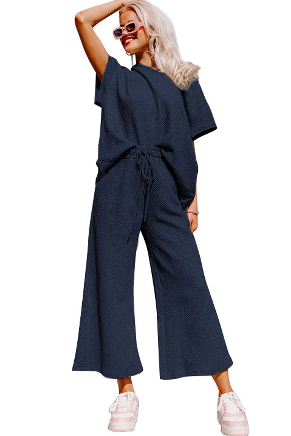 Navy Blue Gray Textured Loose Fit T Shirt and Drawstring Pants Set