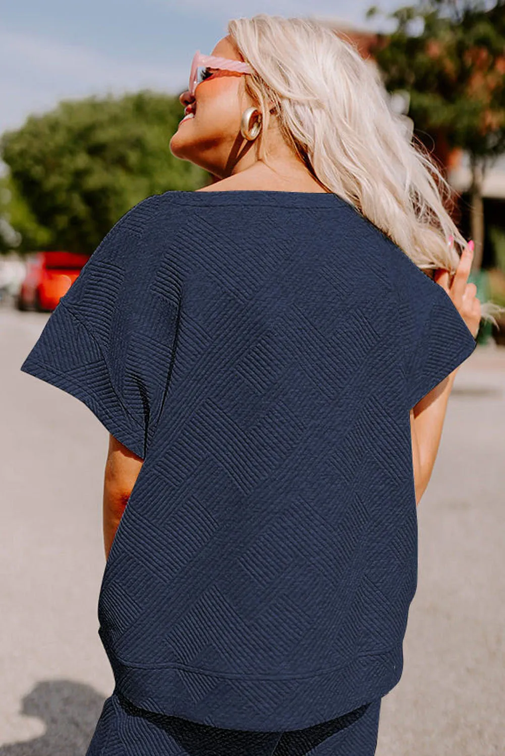 Navy Blue Gray Textured Loose Fit T Shirt and Drawstring Pants Set