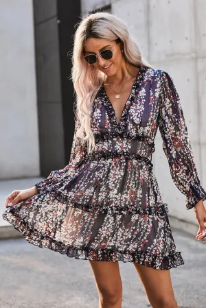 Navy Blue Ruffle Detailing Long Sleeve Open Back Floral Dress