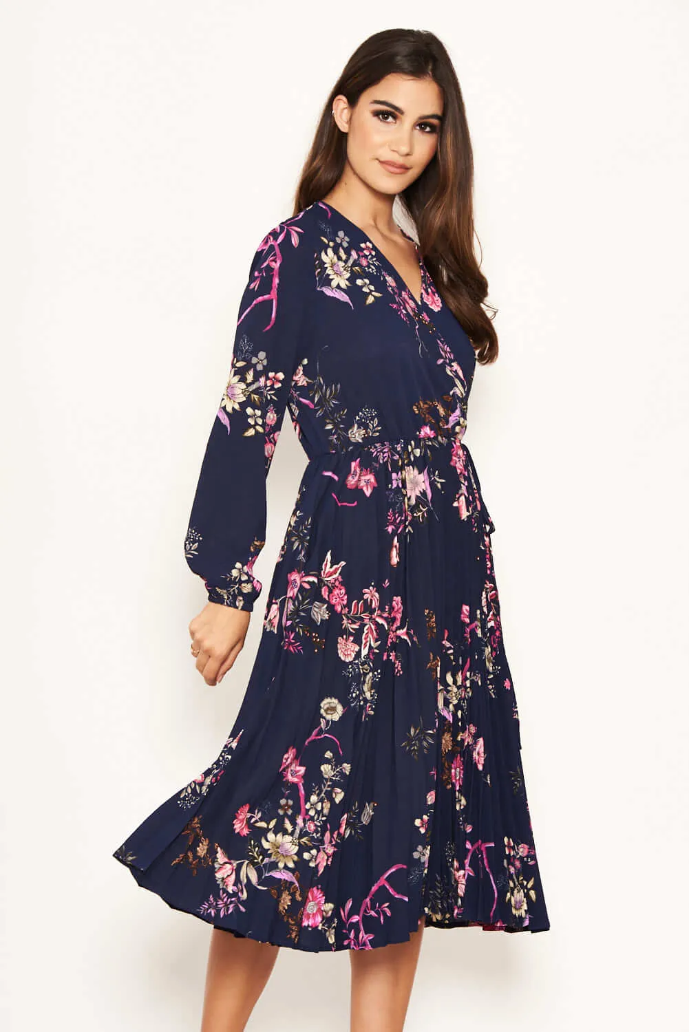 Navy Floral Pleated Dress