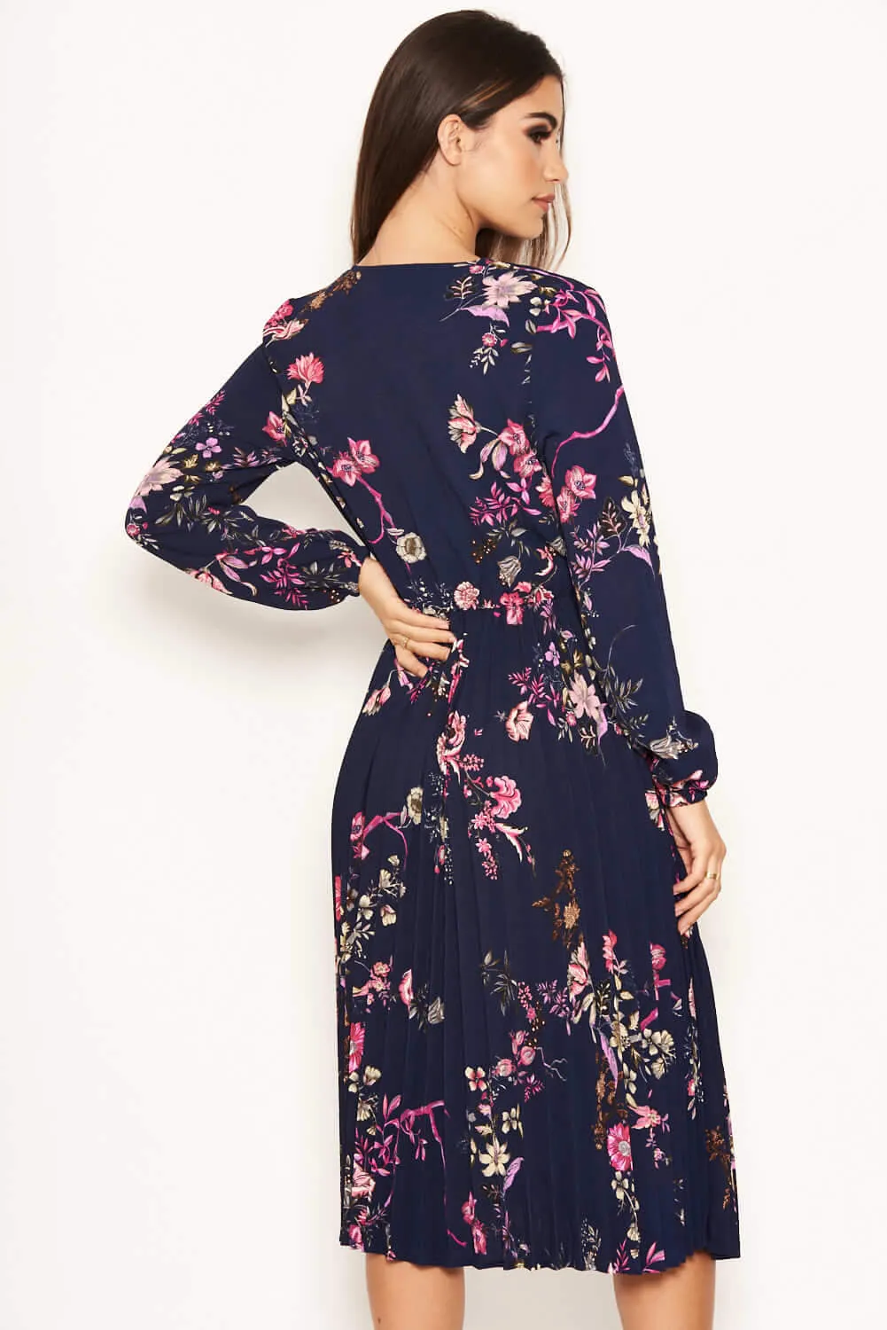 Navy Floral Pleated Dress