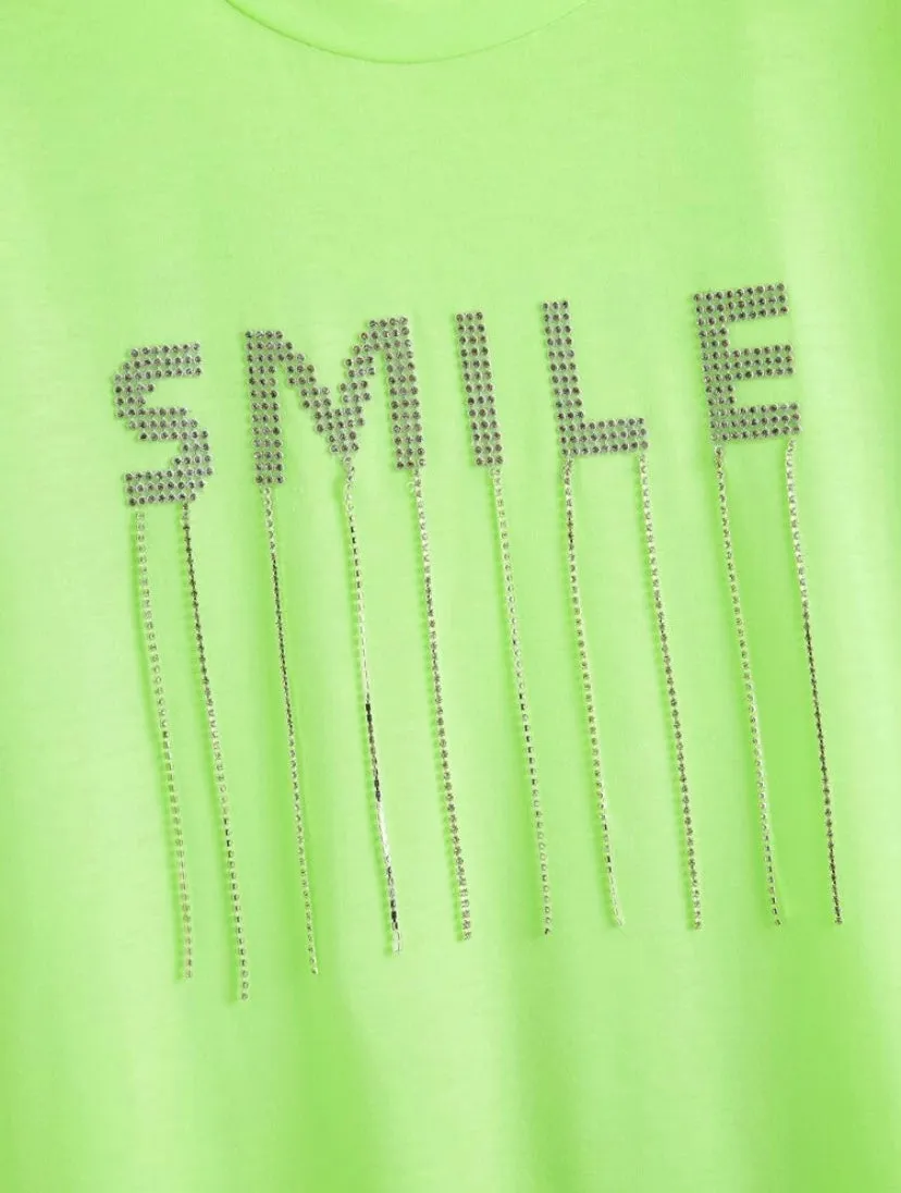 Neon Green Rhinestone Letter Fringe Details Dress