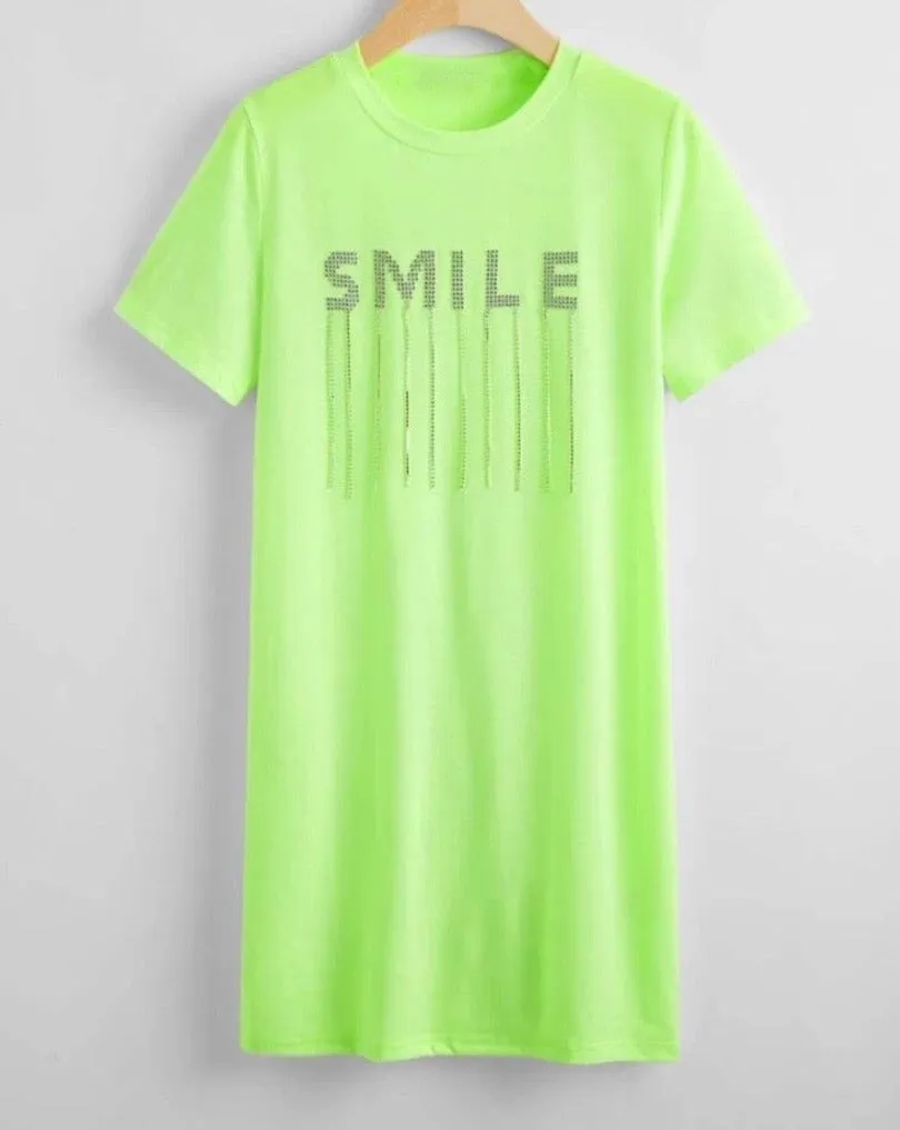 Neon Green Rhinestone Letter Fringe Details Dress