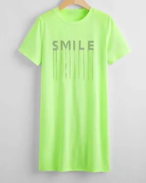 Neon Green Rhinestone Letter Fringe Details Dress