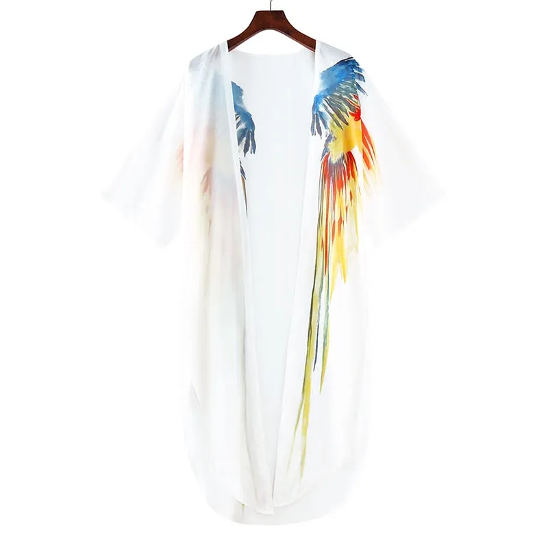 New Bohemian Dress Chiffon Bikini Cover up Kaftan White Dress Kimono Beachwear Print Tunic for Beach Swimsuit Cover up