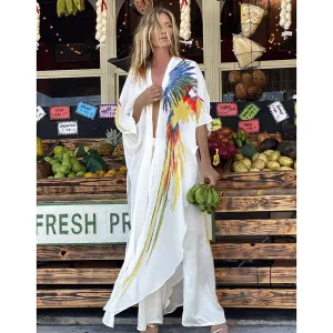 New Bohemian Dress Chiffon Bikini Cover up Kaftan White Dress Kimono Beachwear Print Tunic for Beach Swimsuit Cover up