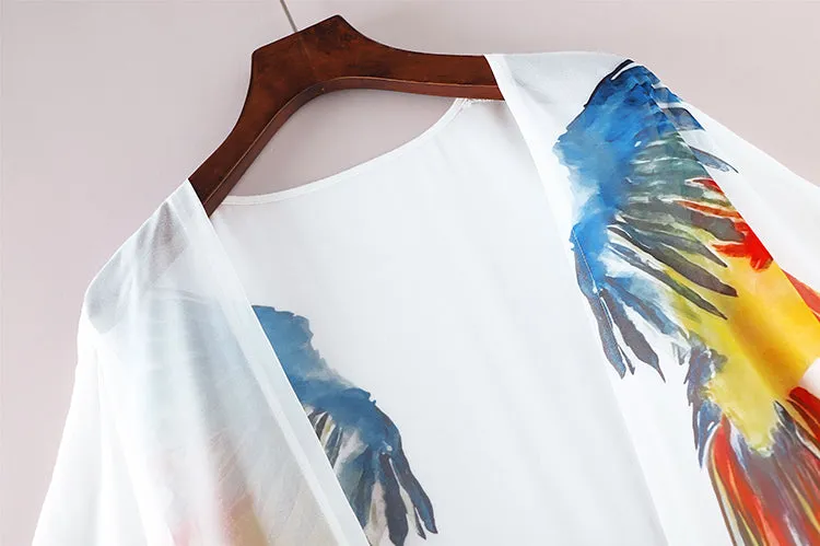 New Bohemian Dress Chiffon Bikini Cover up Kaftan White Dress Kimono Beachwear Print Tunic for Beach Swimsuit Cover up