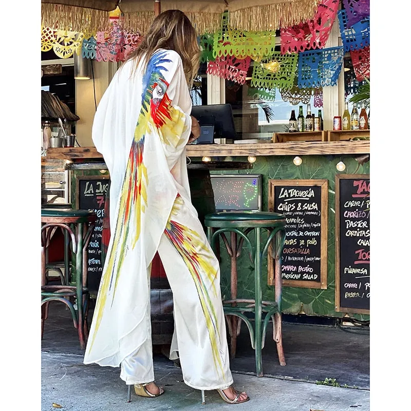 New Bohemian Dress Chiffon Bikini Cover up Kaftan White Dress Kimono Beachwear Print Tunic for Beach Swimsuit Cover up