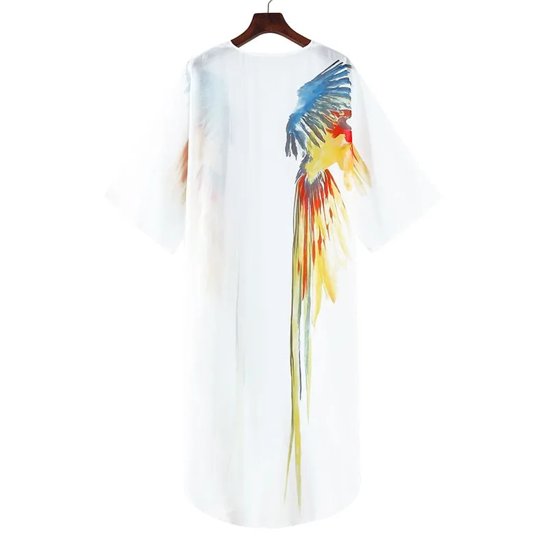 New Bohemian Dress Chiffon Bikini Cover up Kaftan White Dress Kimono Beachwear Print Tunic for Beach Swimsuit Cover up