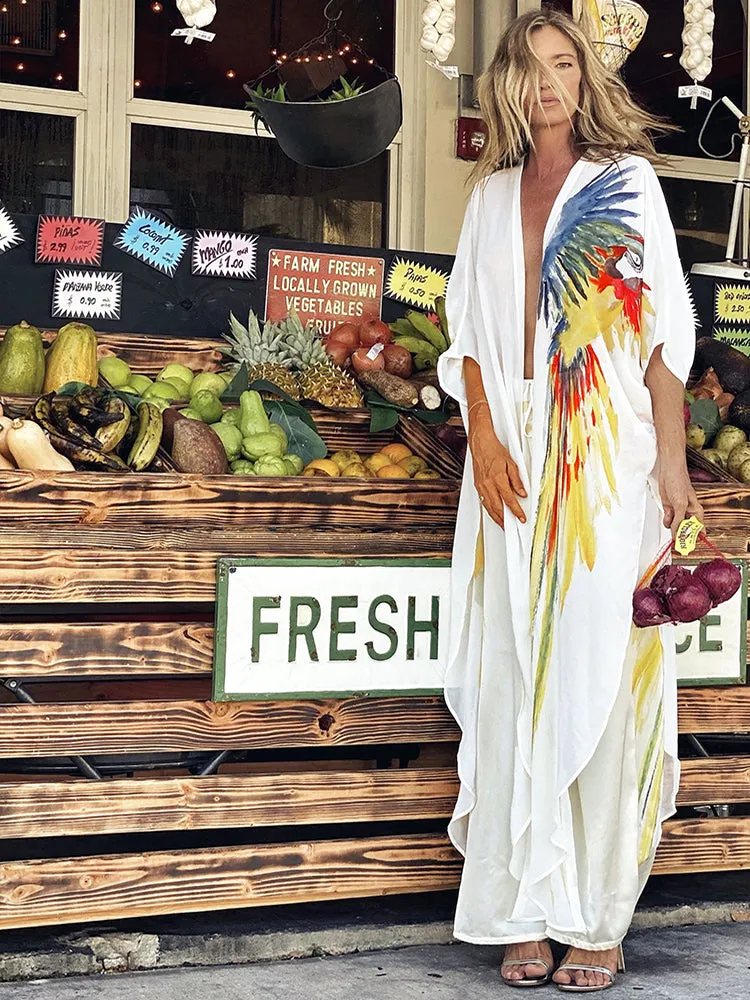 New Bohemian Dress Chiffon Bikini Cover up Kaftan White Dress Kimono Beachwear Print Tunic for Beach Swimsuit Cover up
