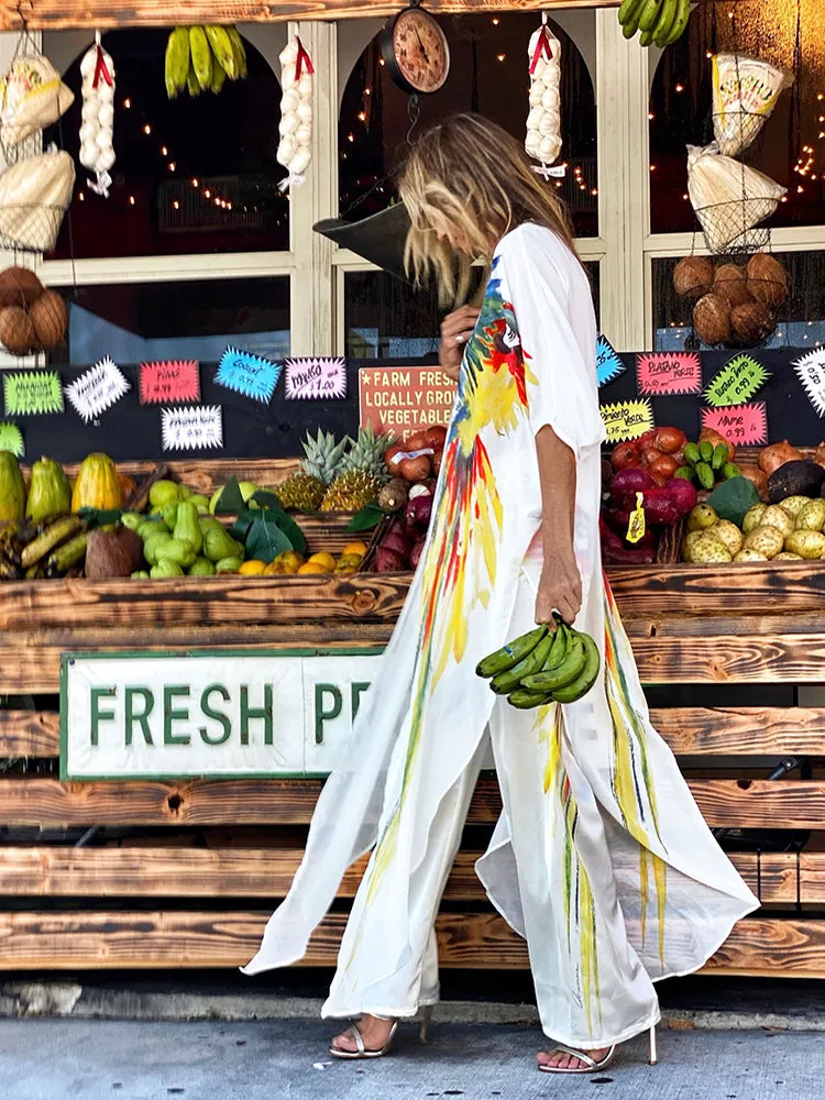 New Bohemian Dress Chiffon Bikini Cover up Kaftan White Dress Kimono Beachwear Print Tunic for Beach Swimsuit Cover up
