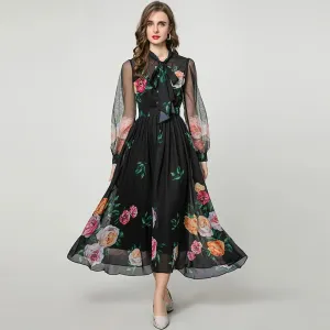 Noah Lace-up Collar Lantern Sleeve Floral Print Elegant party Dress