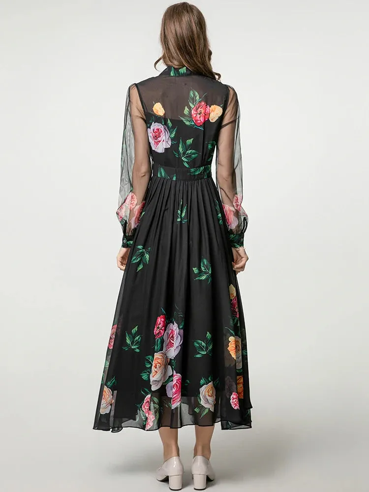 Noah Lace-up Collar Lantern Sleeve Floral Print Elegant party Dress