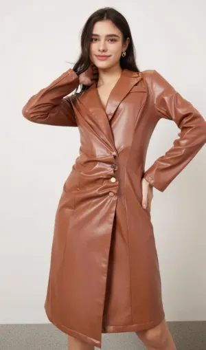 notch lapel leather blazer dress in brown