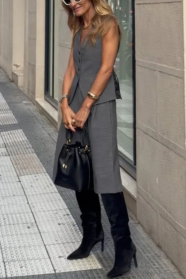 Office Social Button Back Tie-up Vest and Pocketed Wide Leg Midi Pants Set