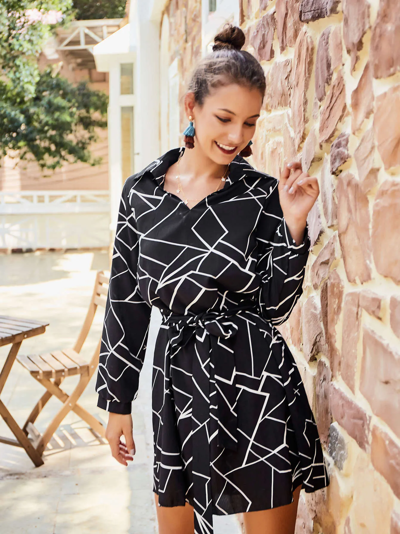 Original Design Women's Shirt Dress Black Strip Dress