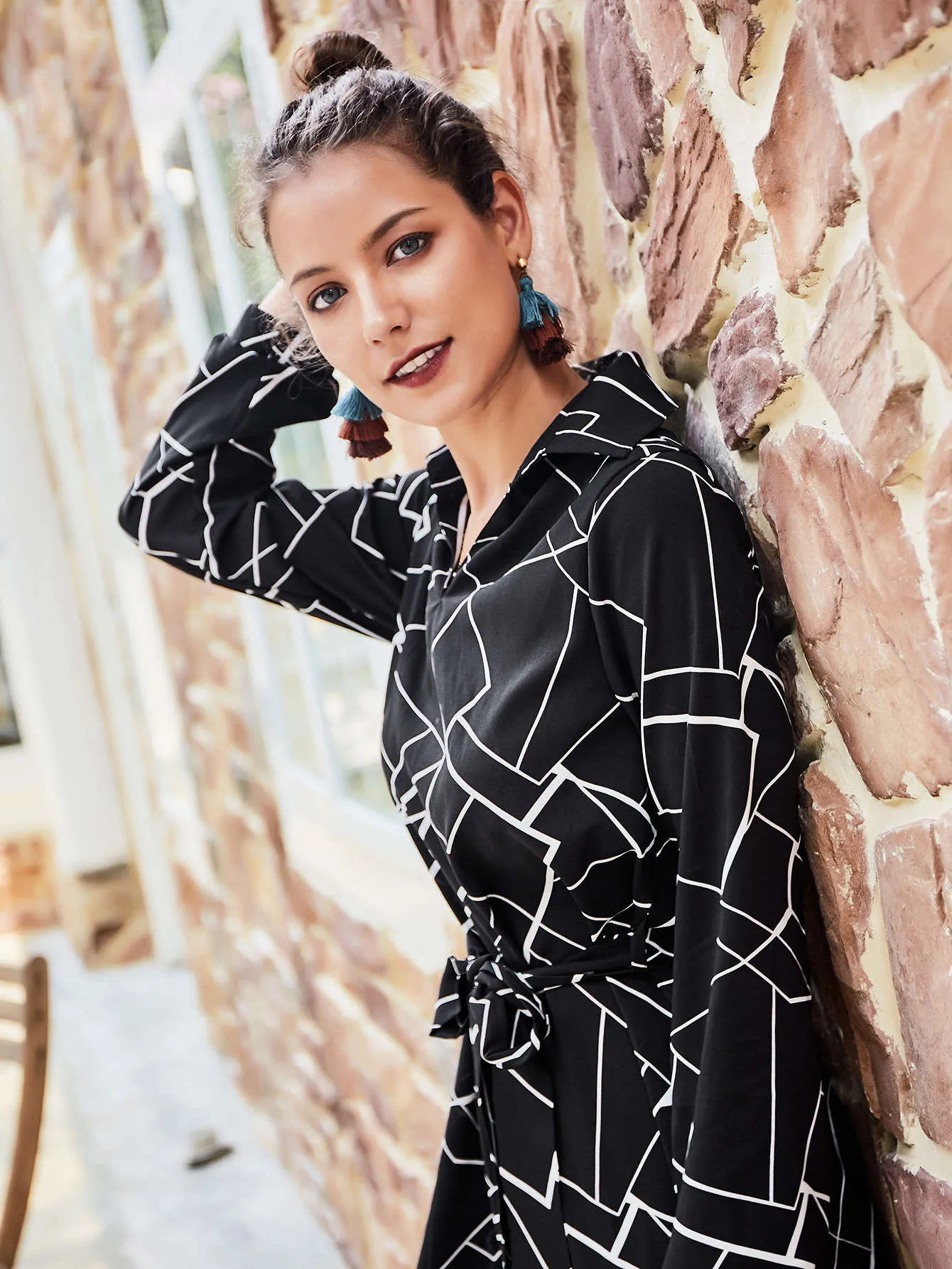 Original Design Women's Shirt Dress Black Strip Dress
