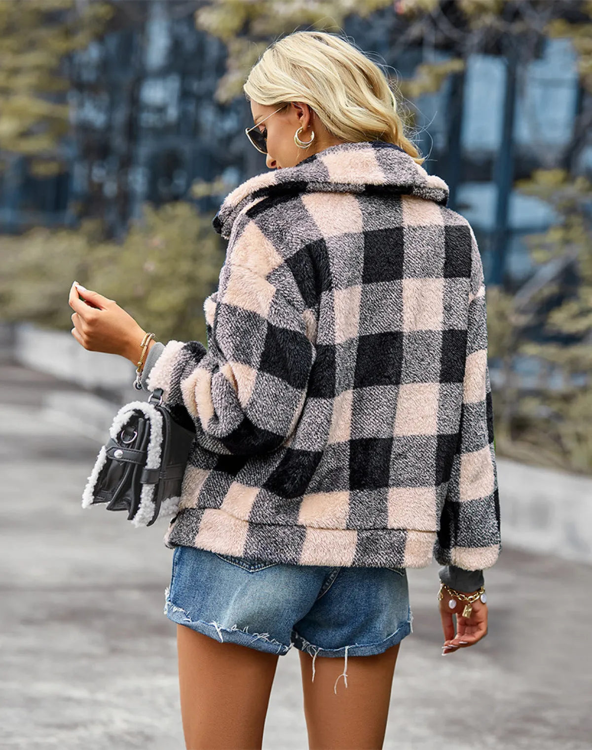 Plaid Lapel Single-Breasted Fleece Short Coat