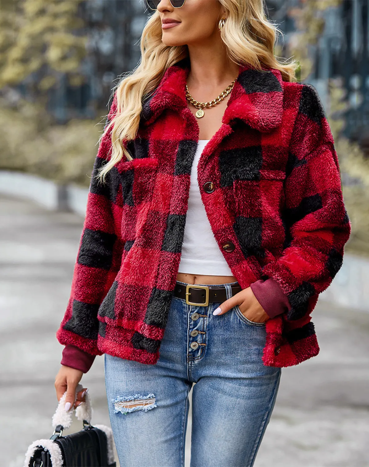 Plaid Lapel Single-Breasted Fleece Short Coat