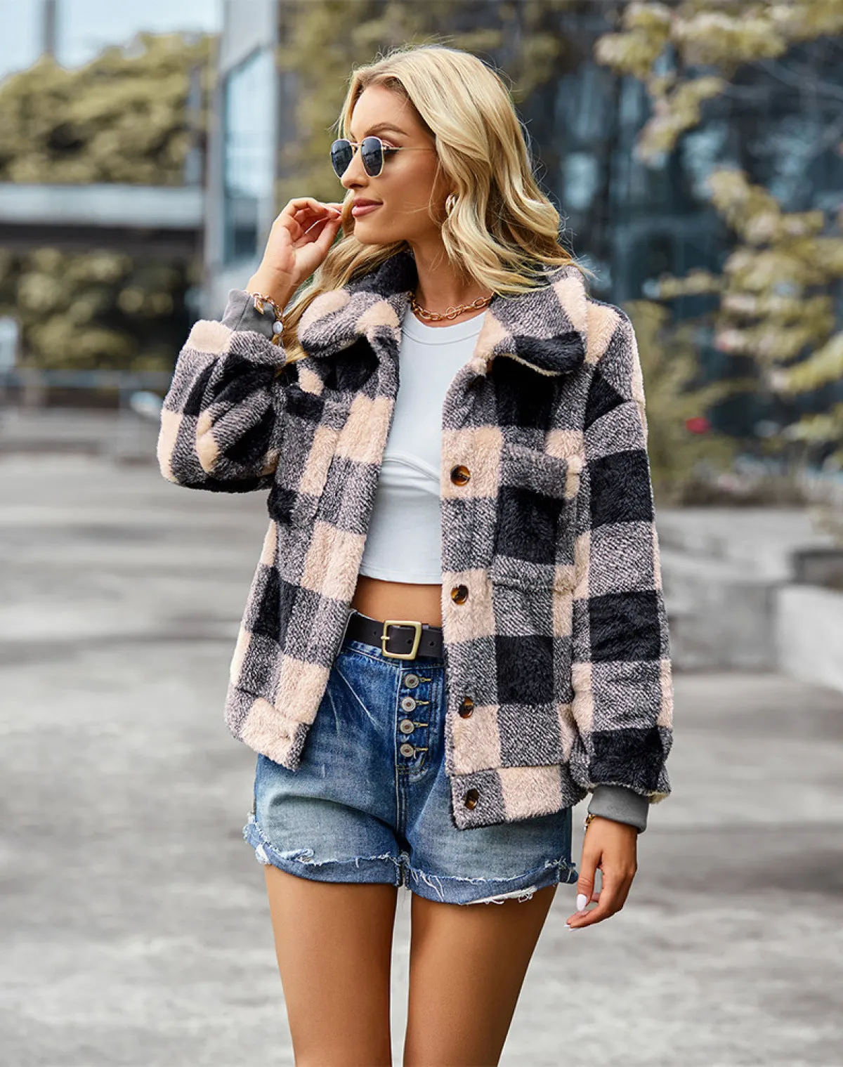 Plaid Lapel Single-Breasted Fleece Short Coat