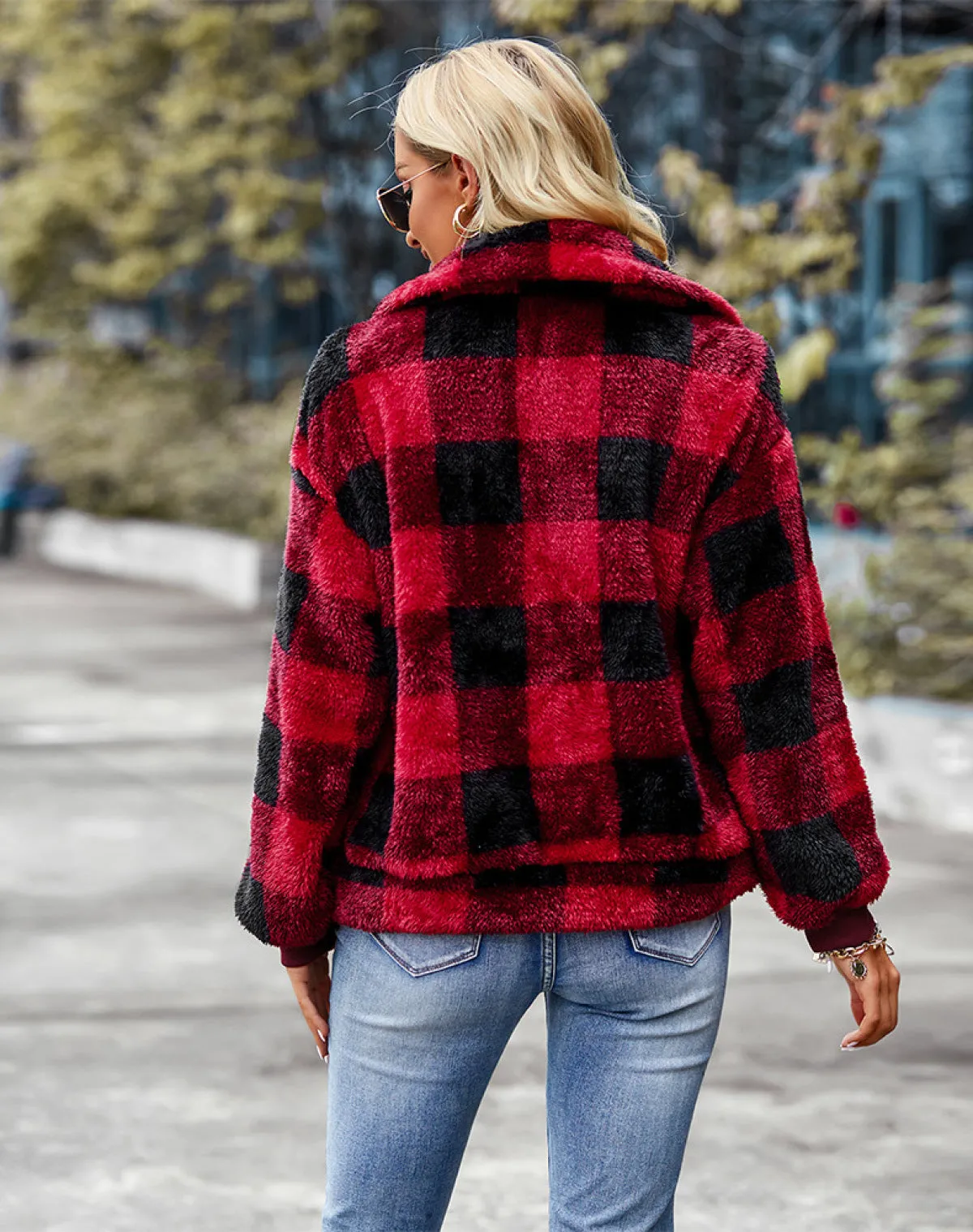 Plaid Lapel Single-Breasted Fleece Short Coat