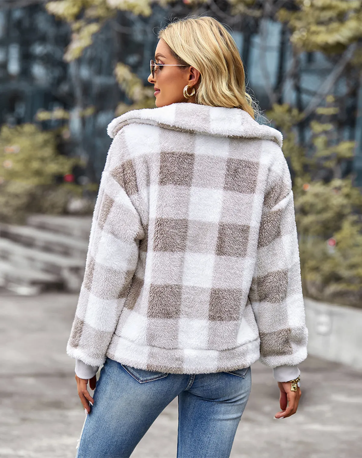 Plaid Lapel Single-Breasted Fleece Short Coat