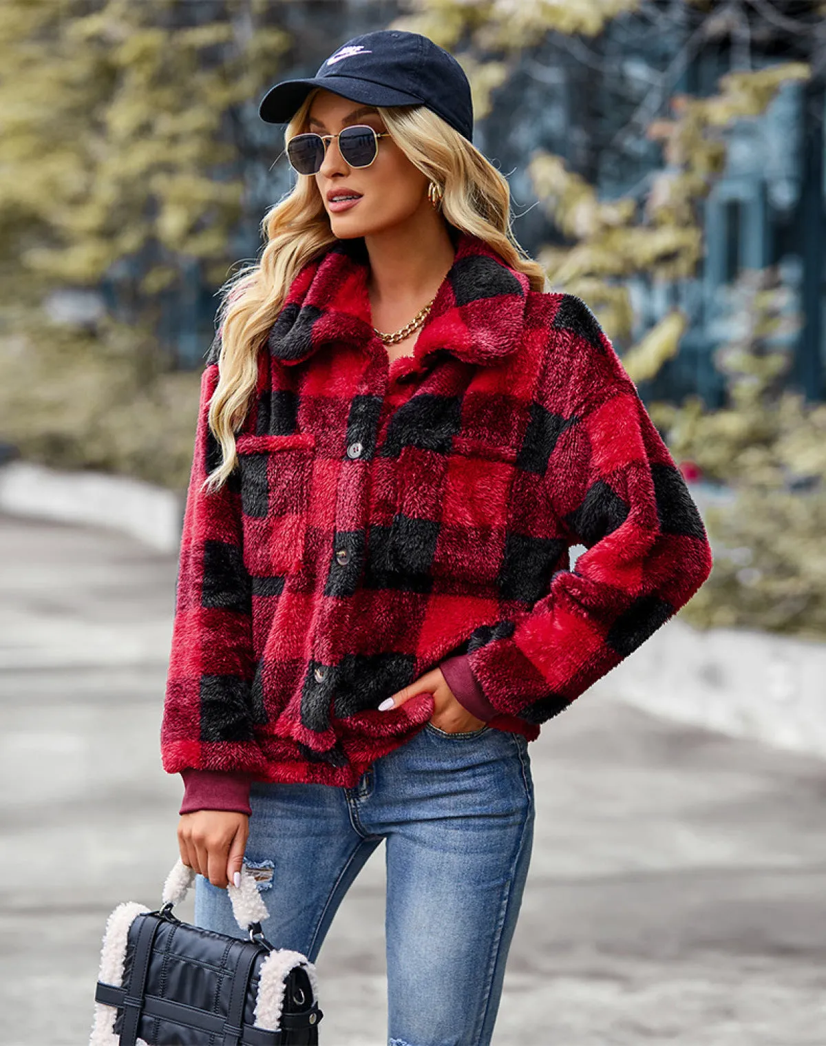 Plaid Lapel Single-Breasted Fleece Short Coat