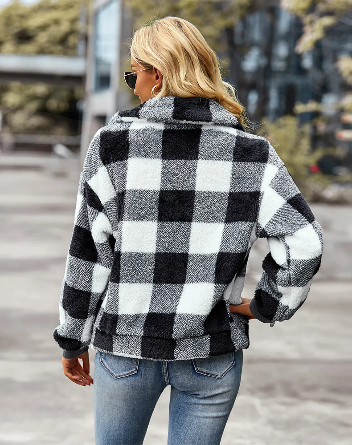 Plaid Lapel Single-Breasted Fleece Short Coat