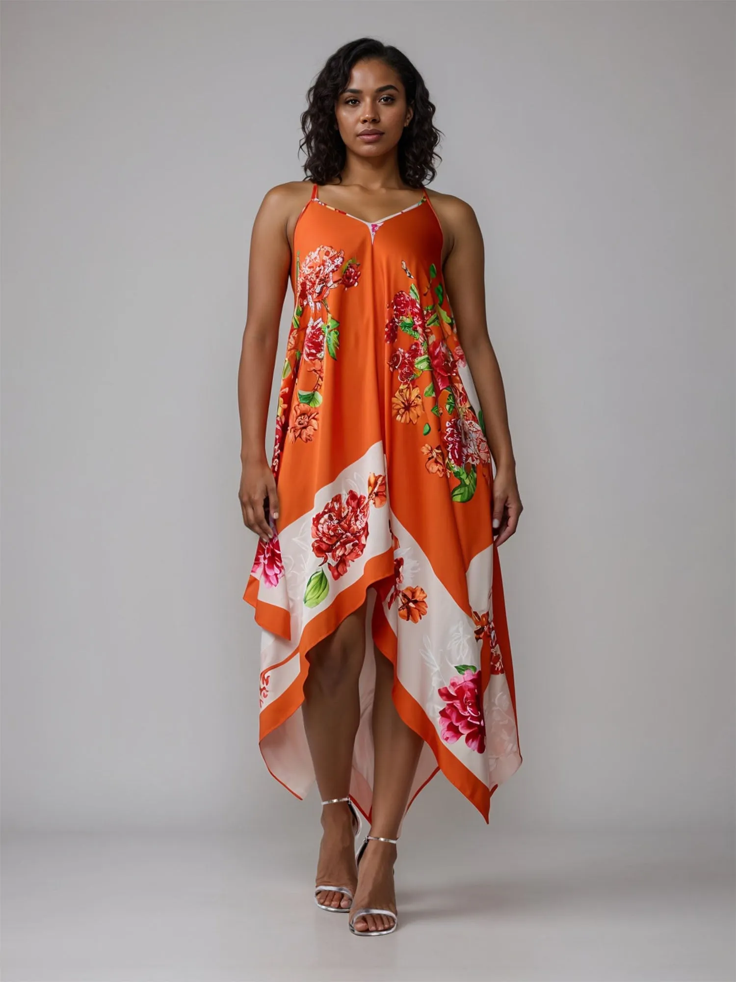 Plus Floral Asymmetrical Hem Midi Sun Dress