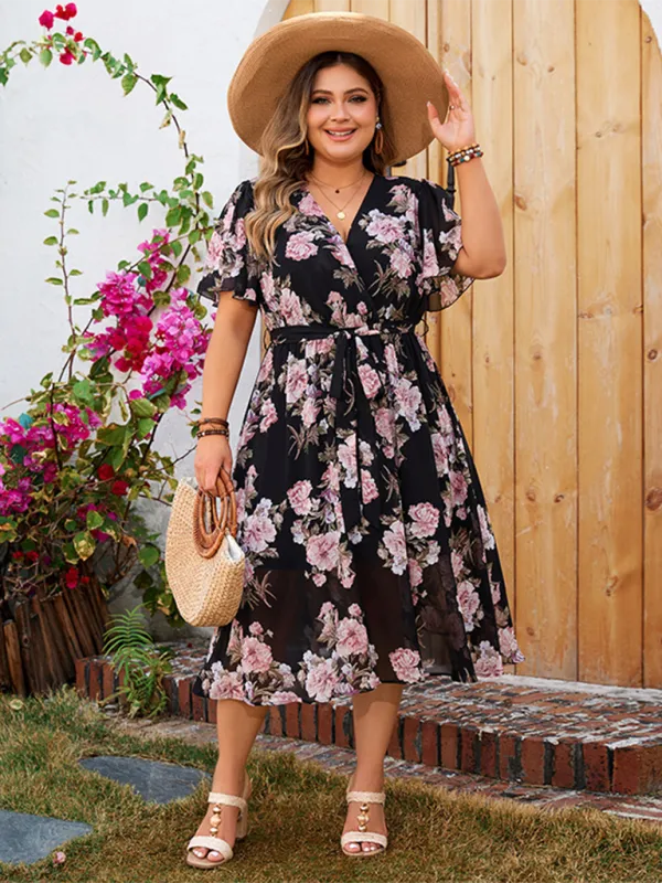 Plus Size Floral Dress with V-Neck and Flutter Sleeves