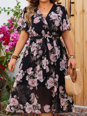 Plus Size Floral Dress with V-Neck and Flutter Sleeves