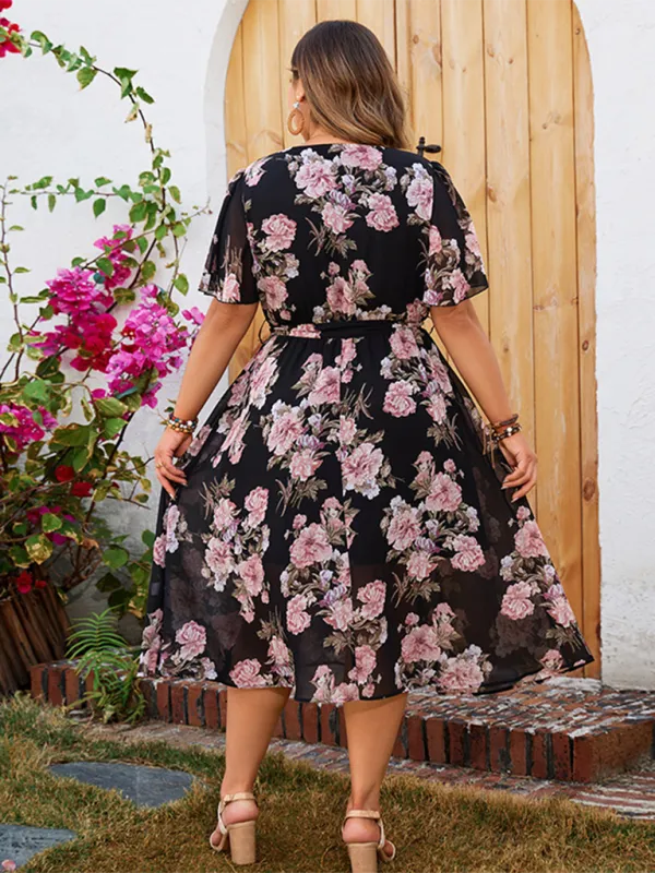 Plus Size Floral Dress with V-Neck and Flutter Sleeves