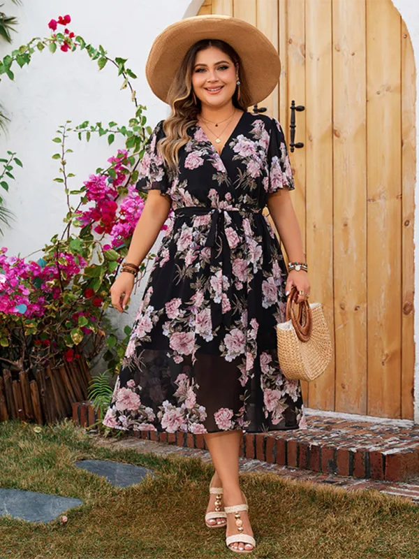 Plus Size Floral Dress with V-Neck and Flutter Sleeves