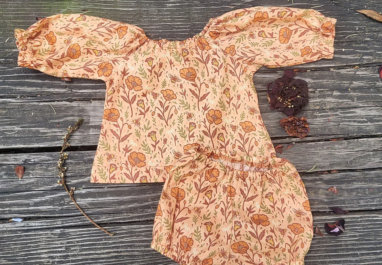Poppies & Bees Long Sleeve Gathered Top