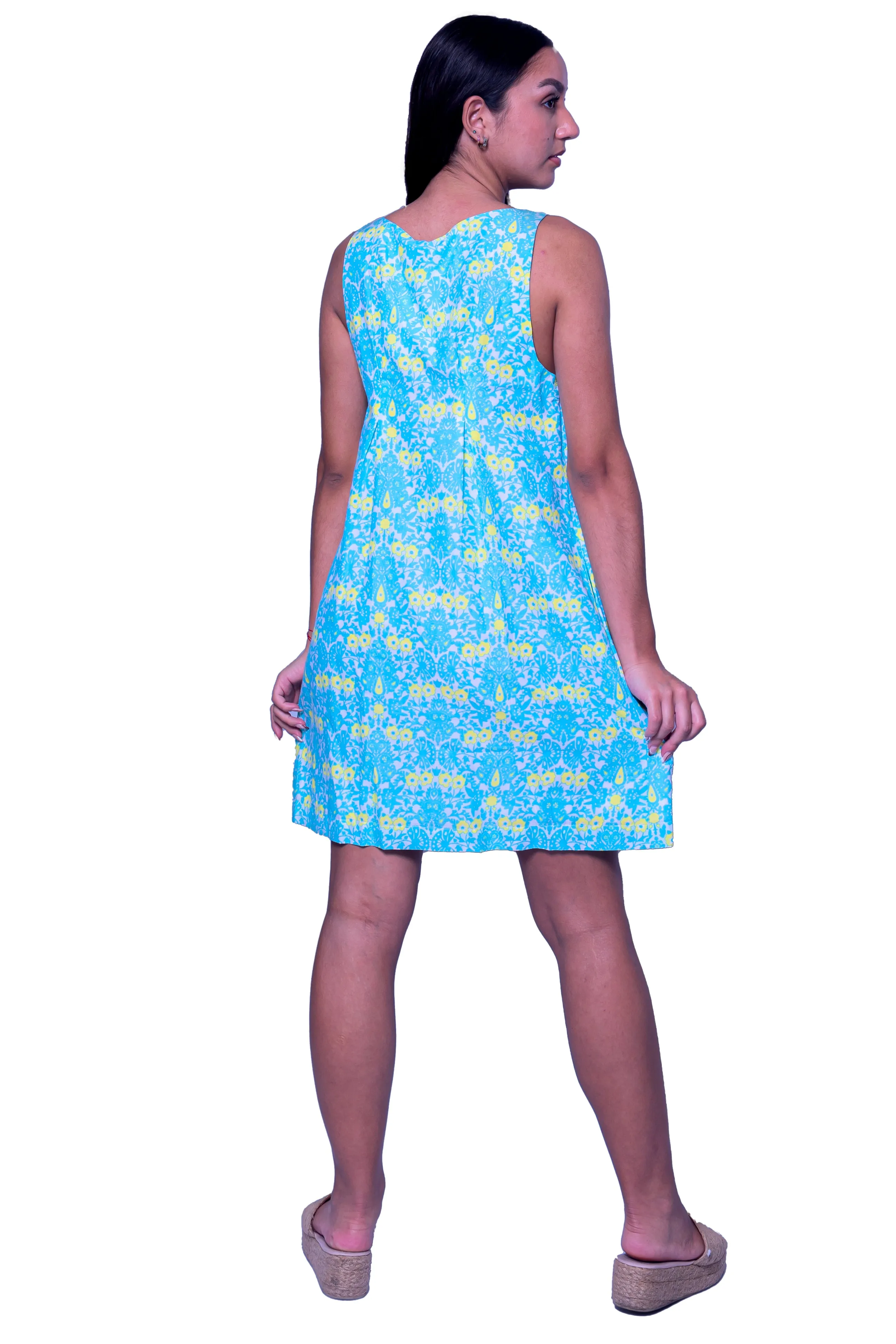 Printed Short Dress with Pockets in Turquoise