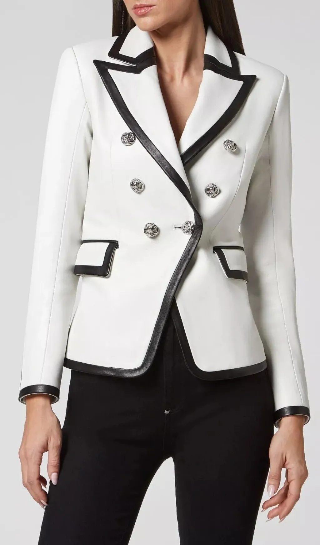 Pu Leather Rhinestone Bottom Blazer in white