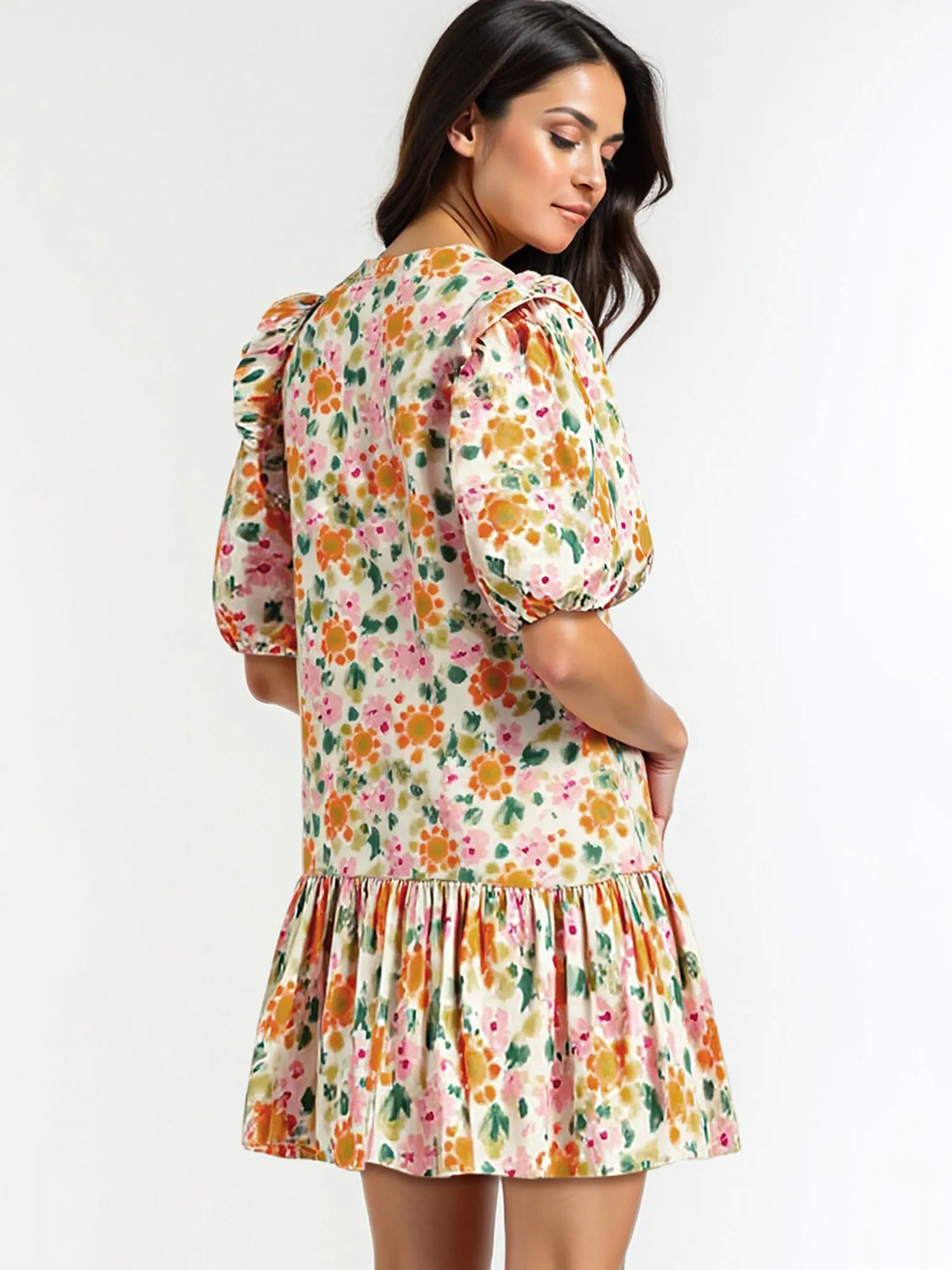 Puff Sleeve V Neck Floral Bubble Shift Mini Dress