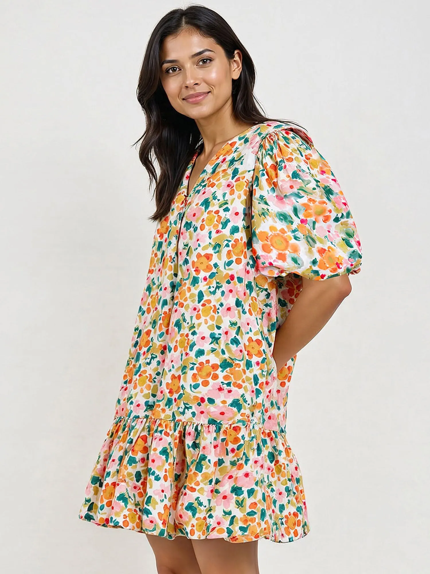 Puff Sleeve V Neck Floral Bubble Shift Mini Dress