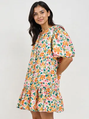 Puff Sleeve V Neck Floral Bubble Shift Mini Dress
