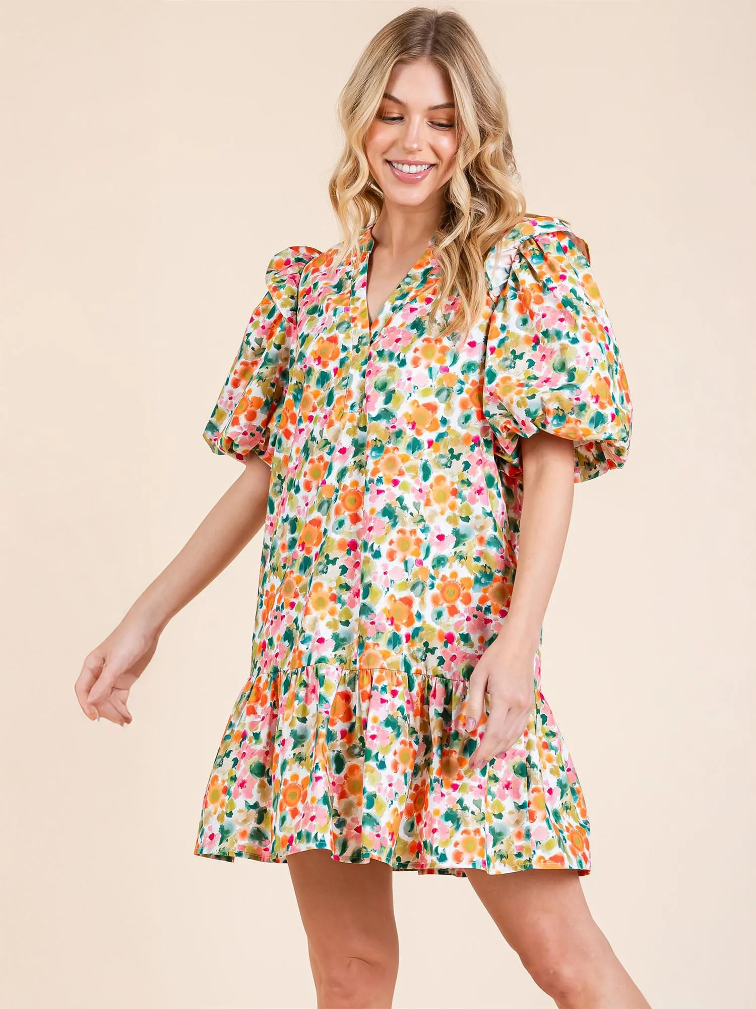 Puff Sleeve V Neck Floral Bubble Shift Mini Dress