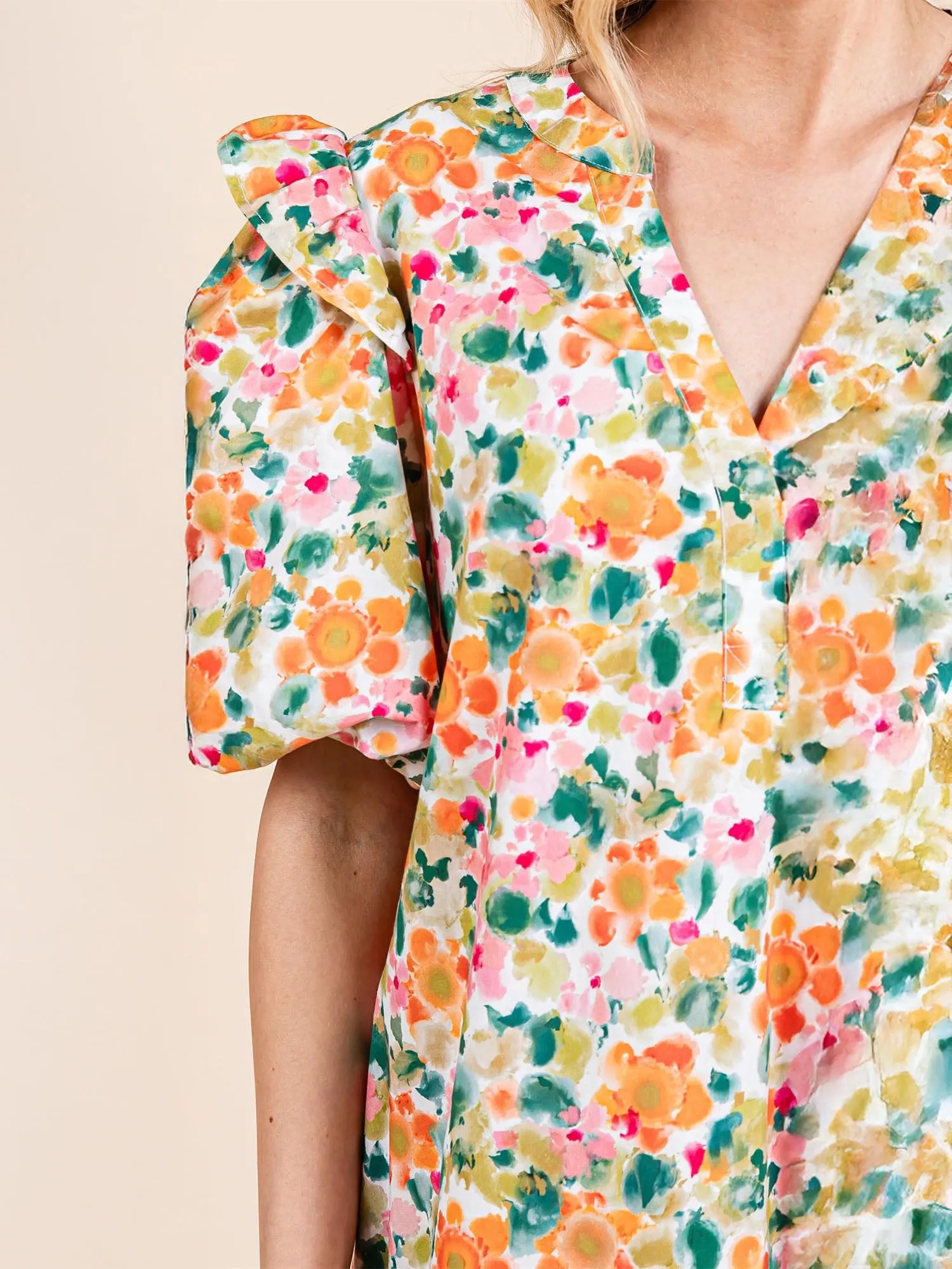 Puff Sleeve V Neck Floral Bubble Shift Mini Dress