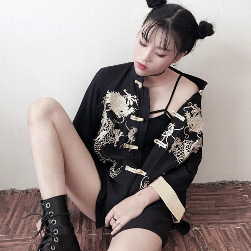 "RETRO EMBROIDERED DRAGON" HALF SLEEVE SHIRT K071501