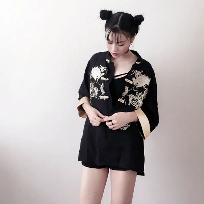 "RETRO EMBROIDERED DRAGON" HALF SLEEVE SHIRT K071501