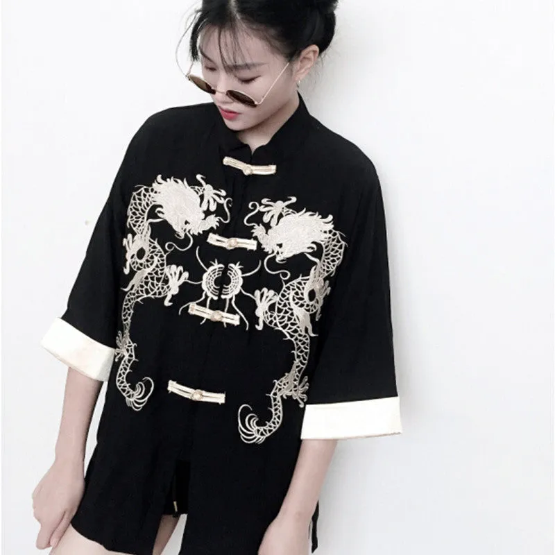 "RETRO EMBROIDERED DRAGON" HALF SLEEVE SHIRT K071501