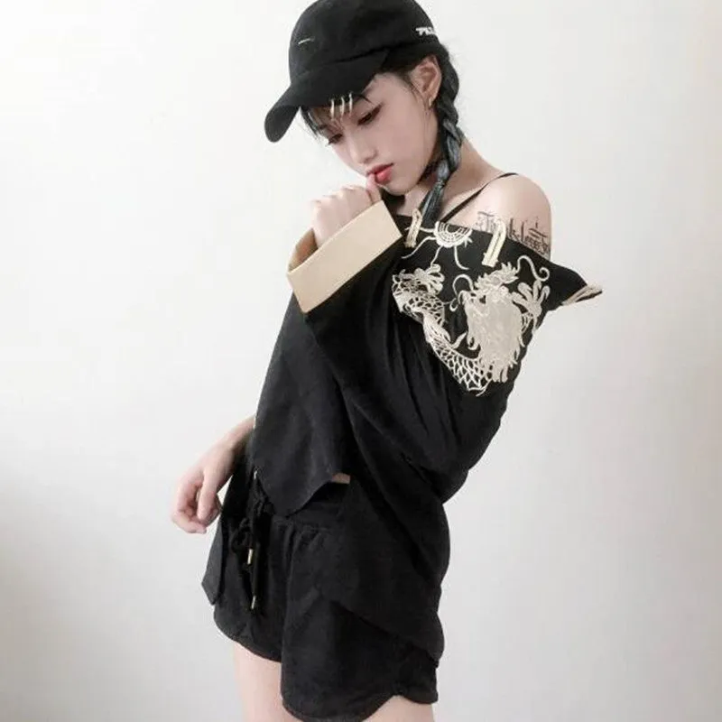 "RETRO EMBROIDERED DRAGON" HALF SLEEVE SHIRT K071501