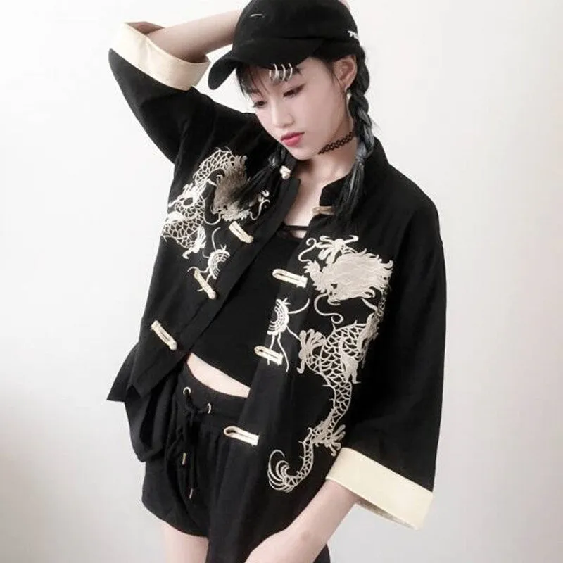 "RETRO EMBROIDERED DRAGON" HALF SLEEVE SHIRT K071501