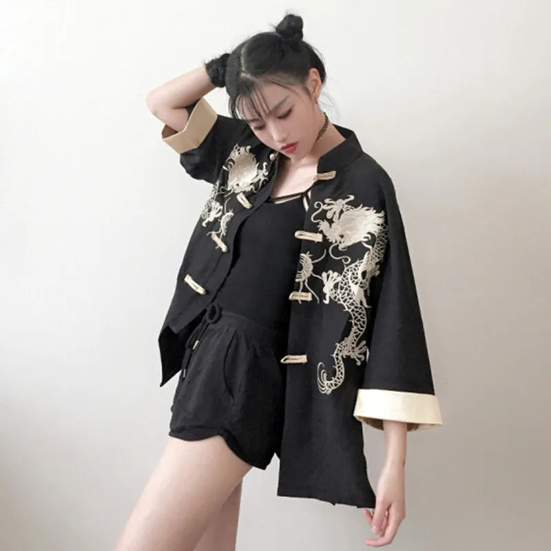 "RETRO EMBROIDERED DRAGON" HALF SLEEVE SHIRT K071501
