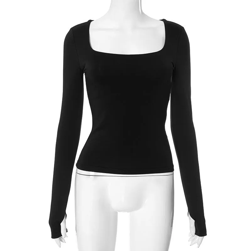 REALAIOT  Sanhu Lianjiang 2025 women's clothing Y24TP675 autumn and winter sexy square collar solid color waist and thin bottoming top wholesale